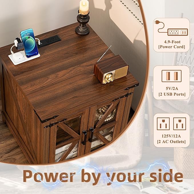 Farmhouse Coffee Table Set, 3 Pieces: Large End Side Tables with Charging Station and Coffee Table with Hidden Storage Compartment, Brown Wood Furniture Sets for Home Office