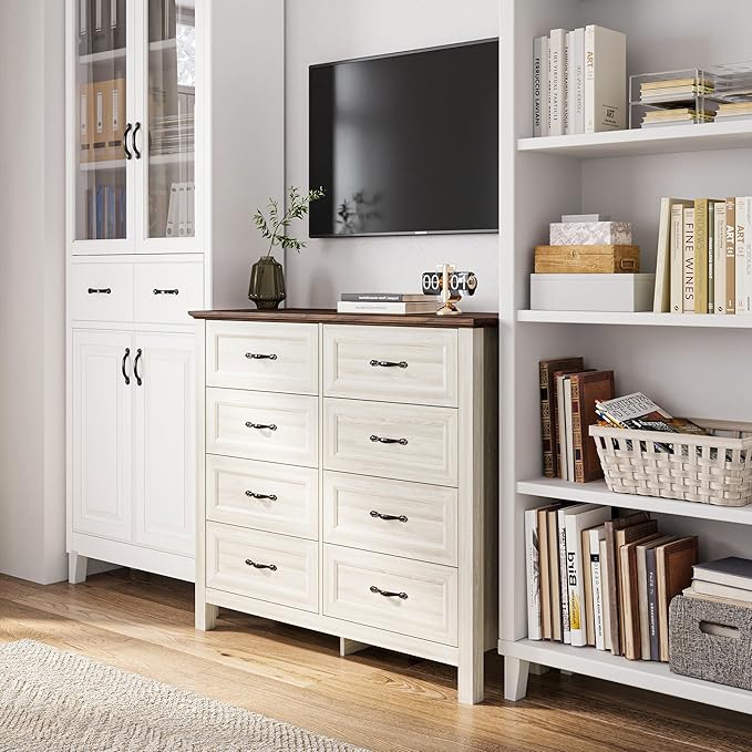 LINSY HOME Farmhouse 8 Drawers Dresser Chests for Bedroom, Wood Dresser Wide Chest of Drawers, Storage Dressers Organizer for Bedroom, Living Room,Hallway, SGS Certified