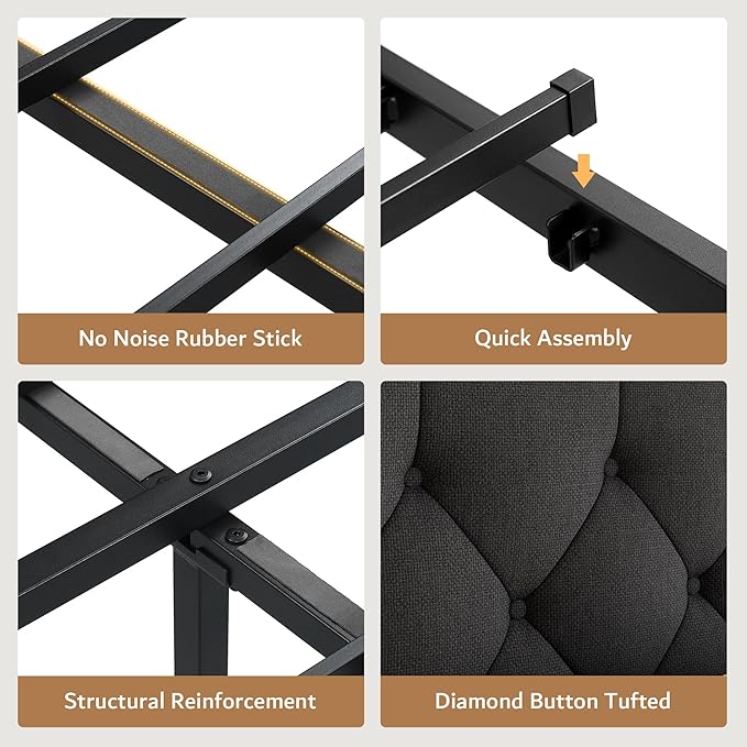 iPormis Full Bed Frame with 2 Storage Drawers, Linen Upholstered Headboard Platform Bed with Charging Station, No Box Spring Needed, Metal Slats Support, Noise-Free, Easy Assembly, Black