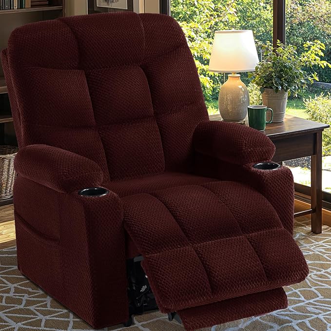 Triple Motor Large-Wide Power Lift Recliner Chair with Power Headrest for Big and Tall Elderly, Infinite Position, Massage Heat, Extend Footrest, USB, Cup Holder, Plush Flannel Red