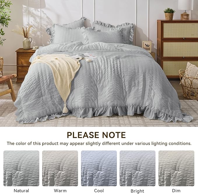 JOLLYVOGUE Light Grey Twin Size Comforter Set, 2 Pieces Seersucker Lightweight Fluffy Bedding Set, Twin Ruffle Comforter, All Season Soft Microfiber Shabby Chic Bed Set