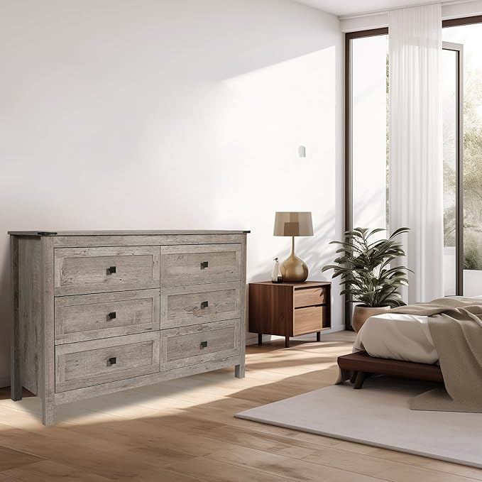 Farmhouse 6 Drawers Dresser, Wood Double Dresser Chest of Drawers Wide Storage Organizer Cabinet for Bedroom, Living Room, Rustic Grey