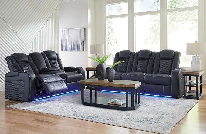 Signature Design by Ashley Fyne-Dyme Contemporary Power Reclining Sofa with USB Charging Ports and Adjustable Headrest, Blue