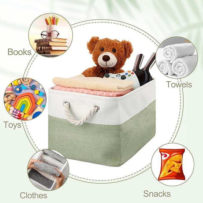 meekoo 8 Pack Collapsible Storage Bins Fabric Storage Bins Polyester Fabric Baskets with Handles Linen Closet Organizer for Shelf Home Closet Towels Toys(15 x 11 x 9.5 in,Green White)