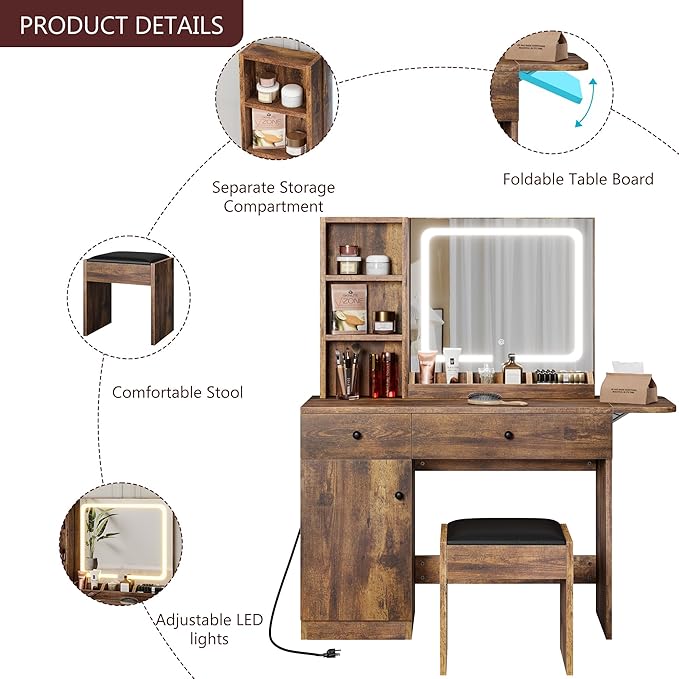 GarveeHome Makeup Vanity Desk with Mirror and Lights, Vanity Table Set with Drawer & Power Outlet & Chair & 3 Shelves, Bedroom, Brown