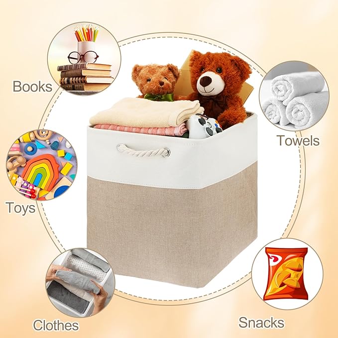 meekoo 8 Pack Collapsible Storage Bins Fabric Storage Bins Polyester Fabric Baskets with Handles Linen Closet Organizer for Shelf Home Closet Towels Toys(17 x 12 x 15 in,Beige)