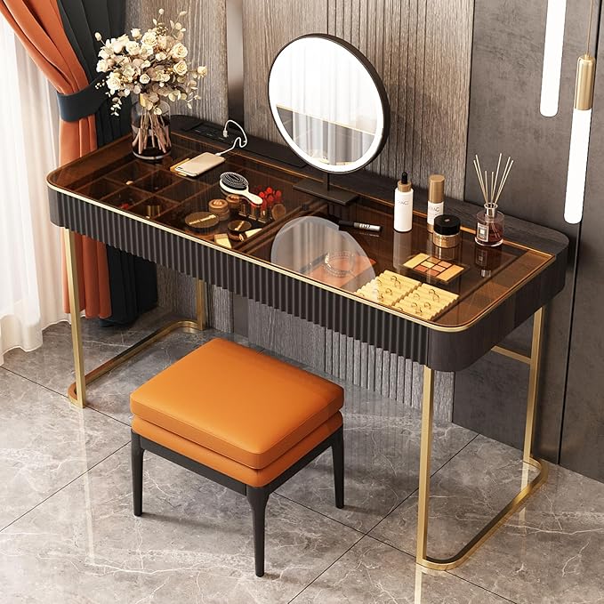 Lartis Makeup Vanity,Dresser Stool Set,Dresser,Computer Desk,partitioned Storage,Smart Socket,LED Makeup Mirror