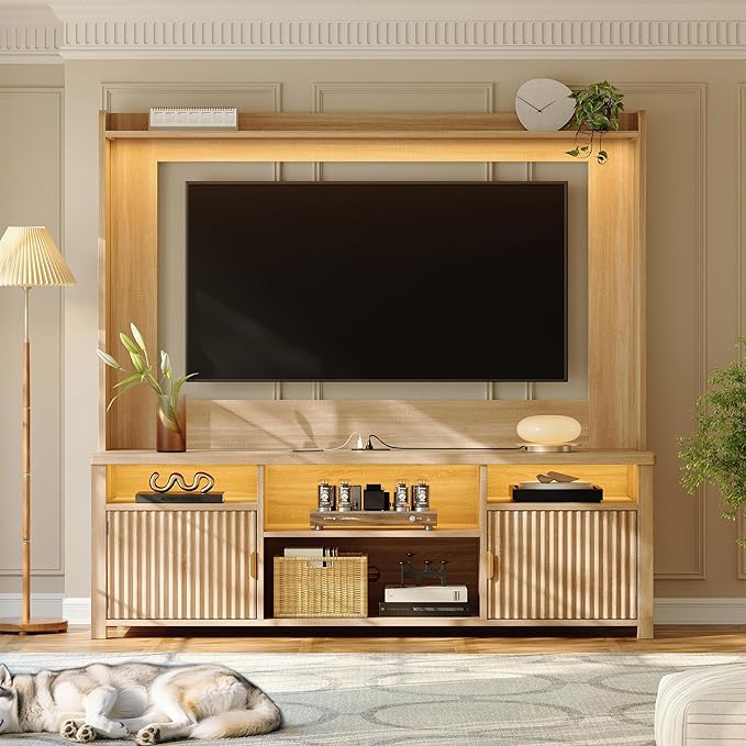 70.9" H TV Stand, Modern Chic Entertainment Center for TVs Up to 70 inches, Extra 4 Storage Wooden Shelves, Magnetic Cabinet Doors & Curved Profile Design, Media Console for Living Room, Oak