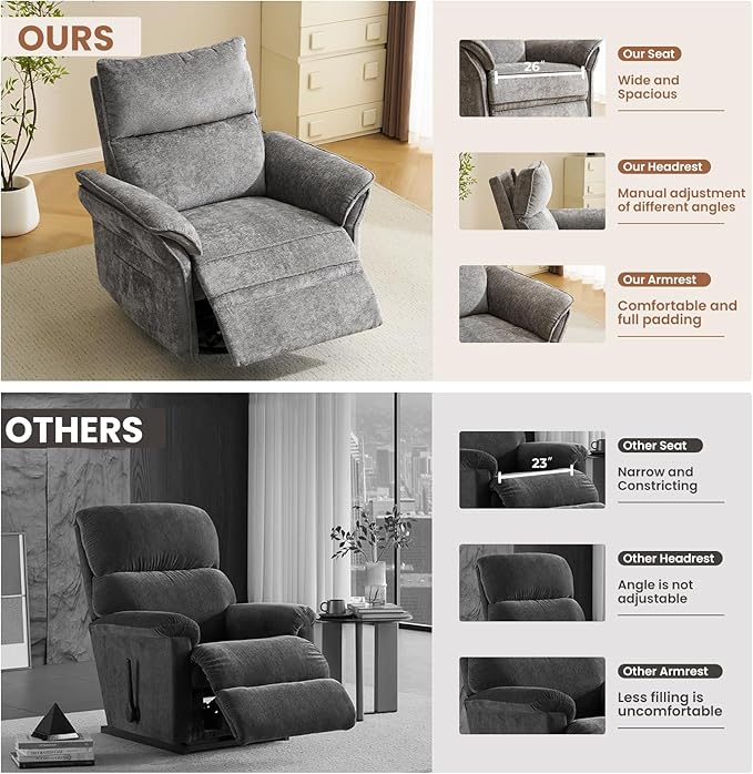 Oversized Power Recliner Chairs for Adults with Massage and Heat, Power Swivel Rocker Recliner Chair with Adjustable Headrest, 26" Extra Wide Rocker Nursery Recliner with USB Port, Dark Grey