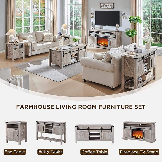 OKD Farmhouse Fireplace TV Stand for 70 Inch TV, 33" Tall Highboy Entertainment Center w/Electric Fireplace, Rustic Media Console w/Sliding Arched Door for Living Room,Light Rustic Oak