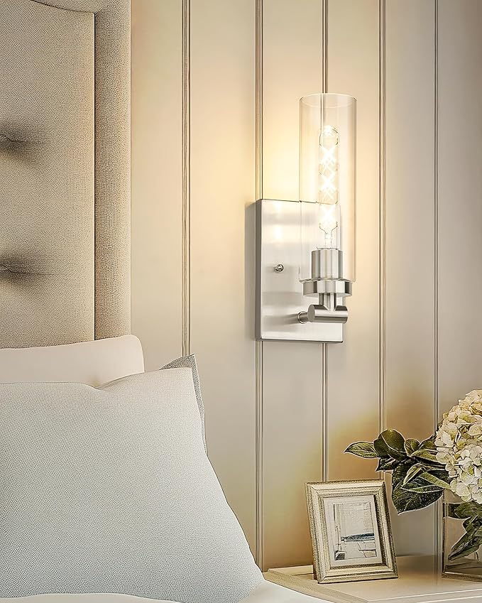 Emak Modern Wall Lights, Brushed Nickel Sconces with Clear Glass Shade, 2 Light Bathroom Vanity Light for Bathroom, Mirror, Living Room, Bedroom, Gallery, WS086-BN-CG-2PK