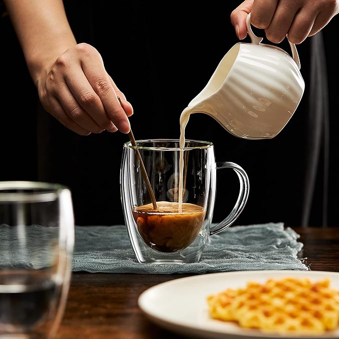 MEWAY 16oz/4 pack Coffee Mugs,Thickened Clear Glass Double Wall Cup with handle for Coffee, Tea, Latte, Cappuccino (16 oz,4)