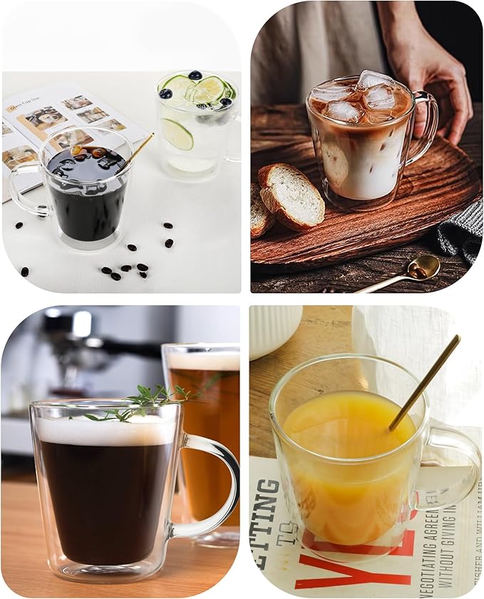 LIBWYS 12oz Double Wall Glass Coffee Mugs, Cappuccino Latte Tea Cups with Handle, Heat Resistant Borosilicate Insulated Clear Glasses (Set of 4)