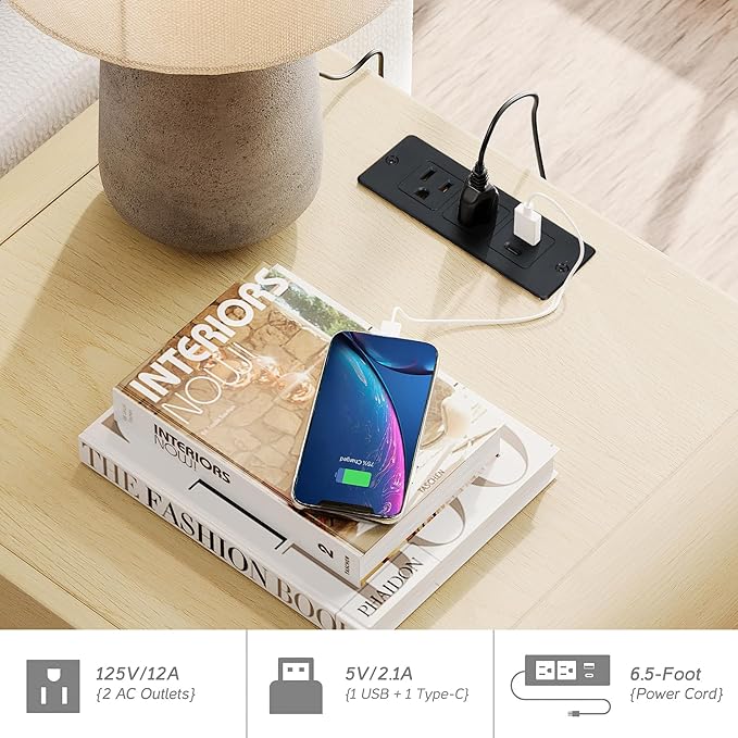 WAMPAT 5 Piece Dresser and Nightstand Sets for Bedroom, Modern 47.2" Wide 6 Drawer Chest & 3 Drawer Dresser Set of 2, and Nightstand Set of 2 with Charging Station,Oak