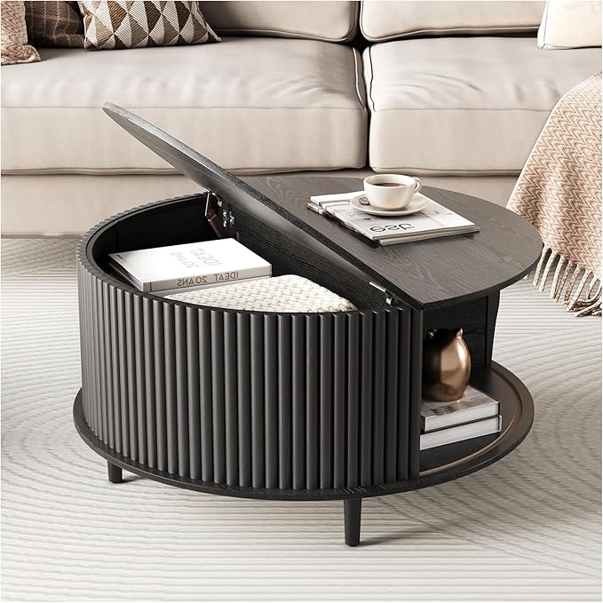 Round Coffee Table with Storage,31.5" Mid Century Modern Coffee Table with Hidden Compartment,Fluted Center Table for Living Room,Home Small Space,Black