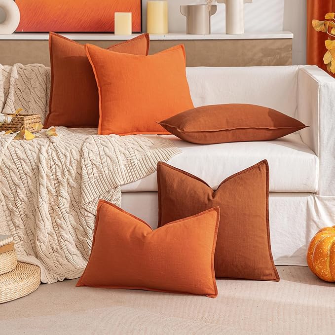 MIULEE Fall Decorative Linen Pillow Covers 18x18 Inch Burnt Orange Boho Farmhouse Neutral Couch Throw Pillows for Bed Pack of 2 Accent Modern Pillowcase Summer Sofa Livingroom Home Decor