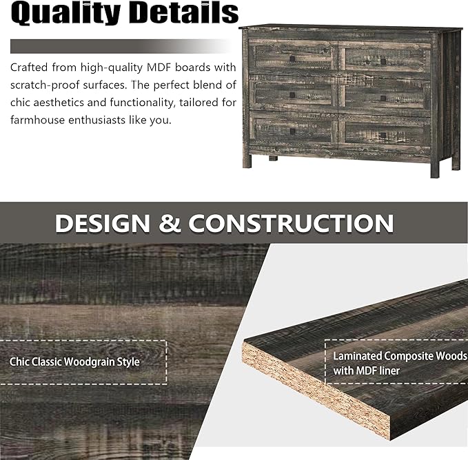 Farmhouse Bedroom Set, 3 Pieces Bedroom Furniture Set, Rustic Wood 6 Drawer Dresser and Nightstands, Chest of Drawers Wide Storage Organizer Cabinet for Bedroom