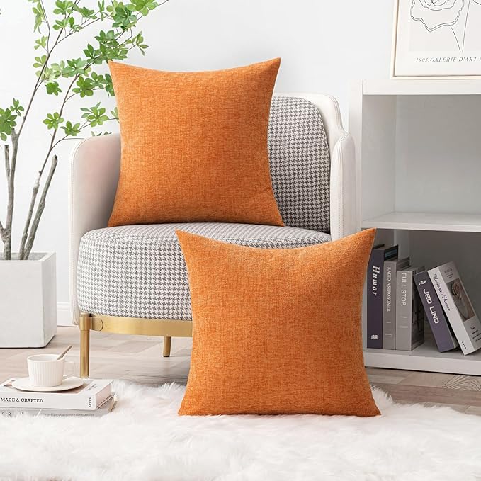 MIULEE Fall Pack of 2 Orange Throw Pillow Covers 20x20 Inch Soft Chenille Pillow Covers for Sofa Living Room Couch Solid Dyed Cases