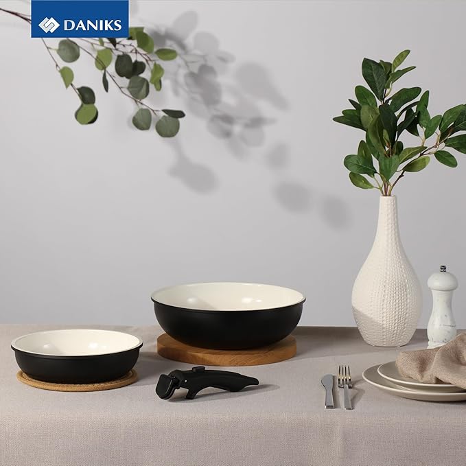 Daniks 9-Piece Nonstick Cookware Set, Ceramic Induction Pots and Pans with Detachable Silicone Handles, Oven & Dishwasher Safe, Black