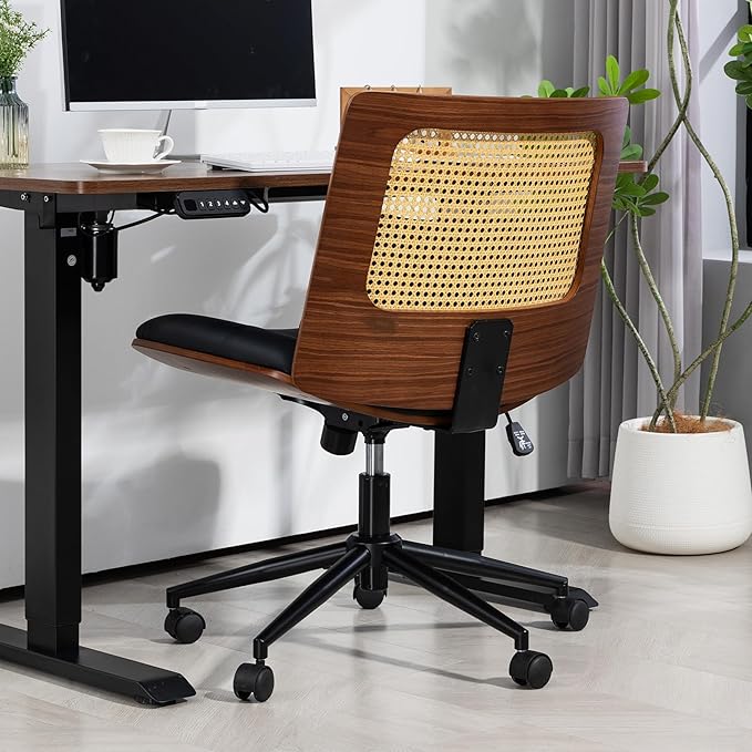 Rattan Office Chair, Criss Cross Legged Office Desk Chairs with Wheels, PU Leather Adjustable Swivel Walnut Task Chair with Wide Seat, Ergonomic Mid Back Computer Chair for Meeting Room, Home
