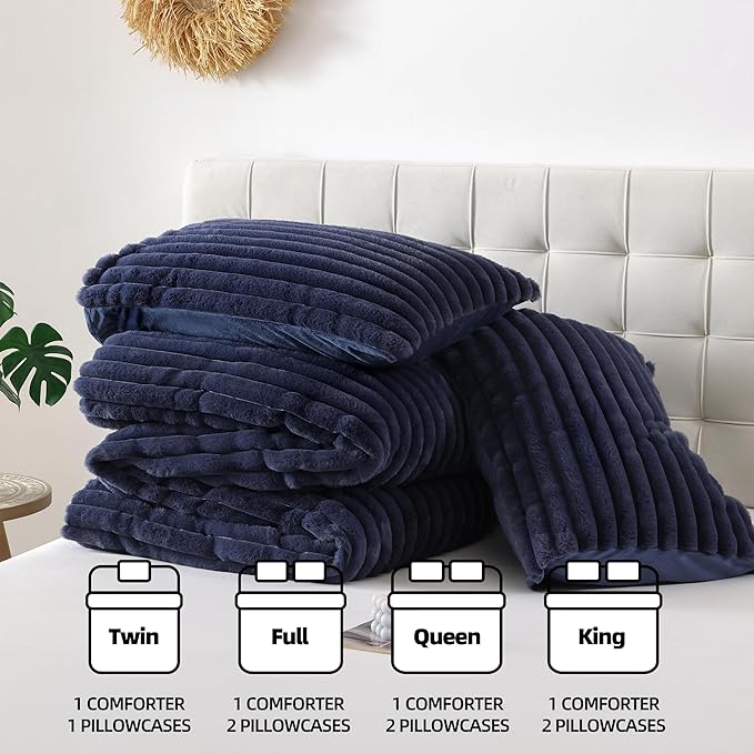 Smoofy Fluffy Queen Size Comforter Set 3 Pieces - Navy Blue Fleece Fluffy Comforter Set, Luxury Fuzzy Queen Bedding, Soft Warm Queen Bed Set All Season, Heavy Faux Fur Comforter with 2 Pillow Cases