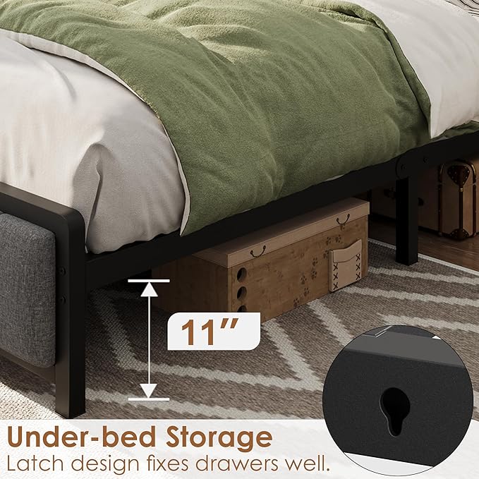 King Size Bed Frame with 2 Storage Drawers and Charging Station, Rustic Linen Upholstered Platform Bedframe with Storage Headboard, Heavy Duty, No Box Spring Needed, Easy Assembly, Noise Free,Grey