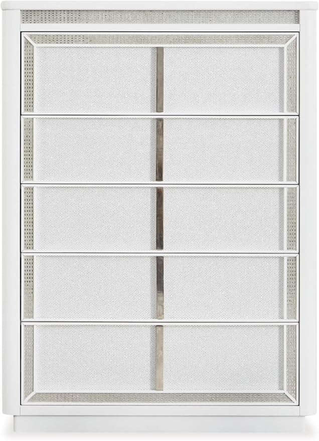 Signature Design by Ashley Chalanna Contemporary Chest of Drawers with Felt-Lined Top Drawer, LED Lighting and Glamorous Details, White