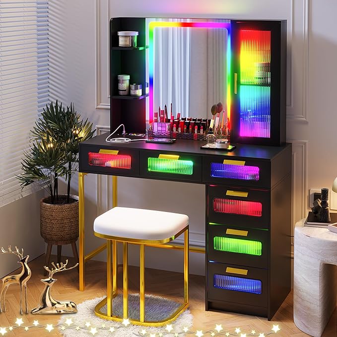 HNEBC Black LED Vanity, Makeup Vanity with RGB Lights and 6 Drawers for Bedroom, Makeup Desk with USB/Wireless Charging, Dressing Table with Shelves/Cabins/Stool, Vanity Table Set as Gifts for Girls