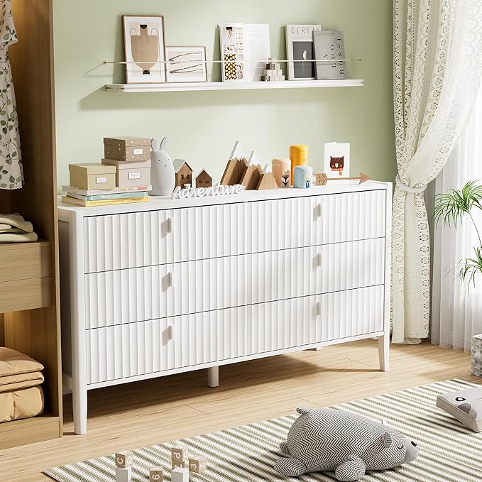 White 6 Drawer Dresser, 55" Wide White Modern Dresser with Fluted Front & Metal Handles for Bedroom or Living Room TV Stand