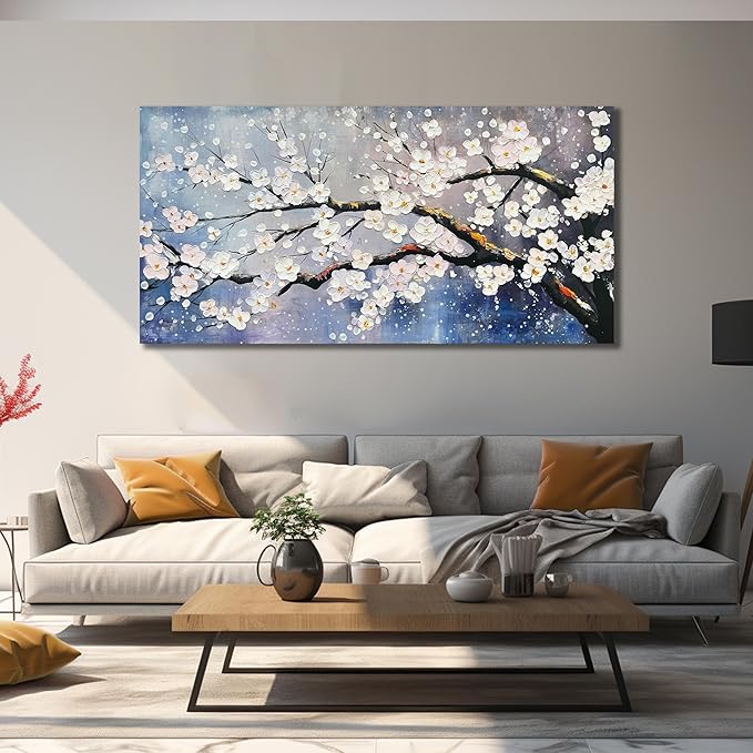 Plum Blossom Painting Wall Decor for Bedroom Women Modern Wall Art for Office Blue and White Wall Art for Living Room Large Size 29 x 58 Inch