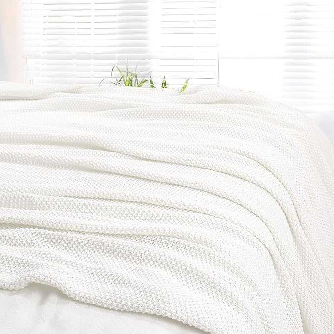 PiccoCasa 100% Cotton Knit Blanket Twin Size,Solid Lightweight Decorative Throws and Blankets,Soft Knitted Throw Blanket for Sofa Couch, White 60" x 78"