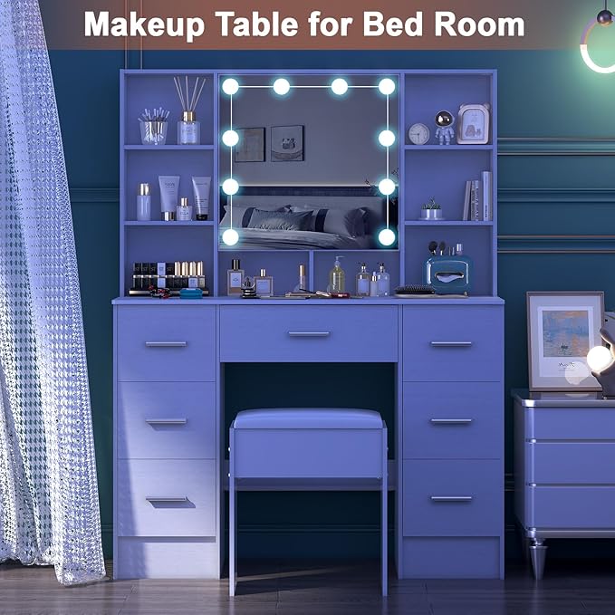 White Vanity Desk with Mirror and Lights, 3 Color and Brightness Adjustable Makeup Flip Mirror with Lights, Bedroom Dressing Table Vanity Stool Set and 7 Storage Drawers & 9 Shelves