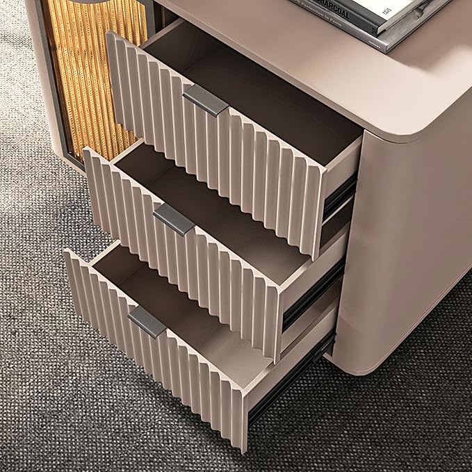 Lartis Office Desk, Very Easy to Assemble, Computer Desk, Home Telescopic Writing Desk, Modern Computer Desk with Retractable Cabinet Built-in LED Lights (Pale Pink, 47 in)