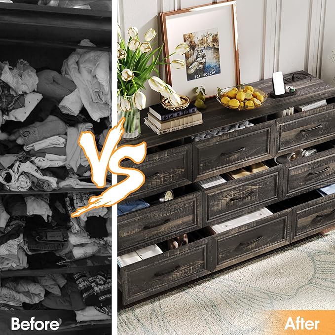 Fameill Dresser for Bedroom, 9 Drawer Wide Dresser Organizer with Charging Station, TV Stand for Livingroom, Chest of Drawers with Metal Handles, Dark Brown