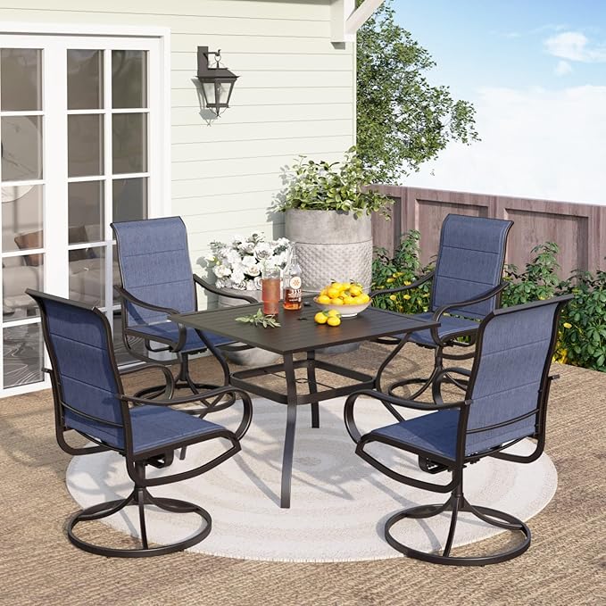 PHI VILLA 5 PCS Patio Dining Set with 4 Padded Outdoor Swivel Dining Chairs(Blue) and 37"x 37" Metal Steel Dining Table(1.57" Umbrella Hole), Outdoor Dining Table & Chairs Set for Deck Lawn Garden