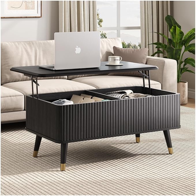 Lift Top Coffee Table, Mid Century Modern Coffee Table with Hidden Storage Compartment, 38" Fluted Center Table for Living Room, Home Office, Black