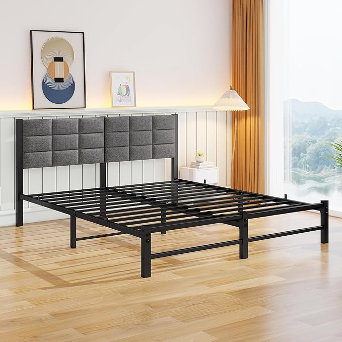 Queen Size Bed Frame with Headboard,Upholstered Bed Frame Queen,Platform Bed Frame with Heavy Duty Metal Slat Support/Queen BedFrame No Box Spring Needed/Under Bed Storage/Easy Assembly,Grey