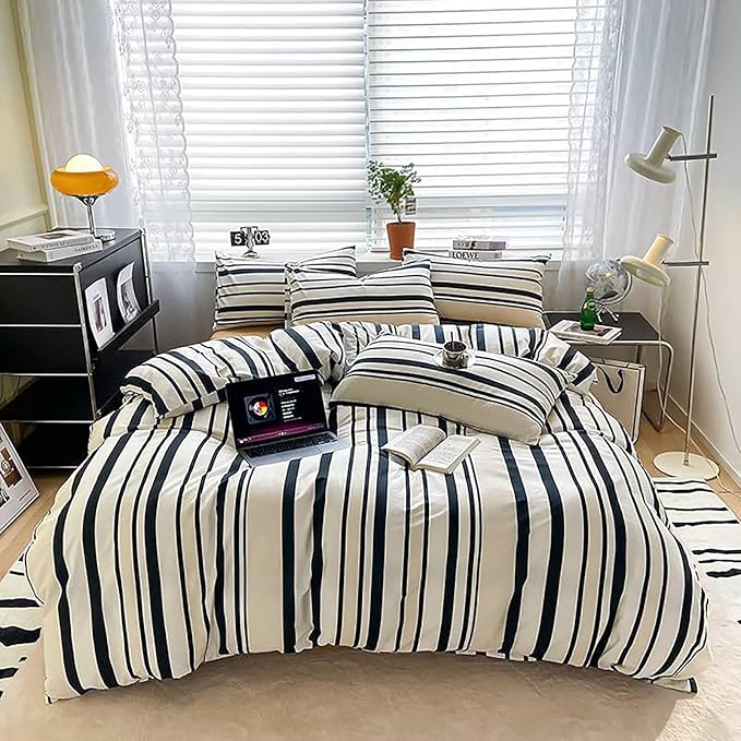 Luxlovery Black and White Comforter Set Full Striped Beige Black Bedding Comforter Men Modern Vertical Stripe Blanket Quilts Fashion Geometric Soft Breathable Comforter Sets for Adults Teens