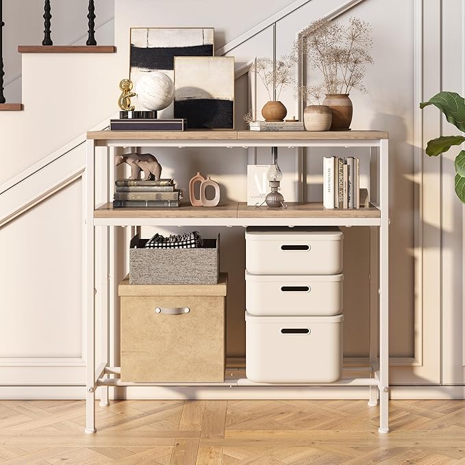 Homeiju Entryway Table with Storage, 3-Tier Console Table 31.5" Width, Industrial Sofa Table with Open Shelves, Foyer Tables for Entryway, Hallway, Kitchen, Living Room and Bedroom, Light Coffee
