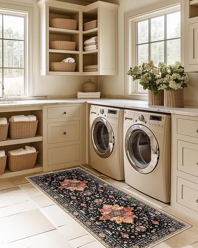 Area Rugs 2'x6' Washable Non-Slip, Floral Vintage Distress Print Pattern Medallion Carpet for Living Room Bedroom Dining Room, Black Colorful Floral Dark Tan