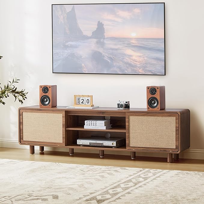 70" TV Stand with Slding Door for 55/60/65/80 Inch Television, Farmhouse Linen Decor TV Console with Storage, 2 Cable Holes & 6 Legs, Mid Century Wooden Entertainment Center for Living Room (Walnut)