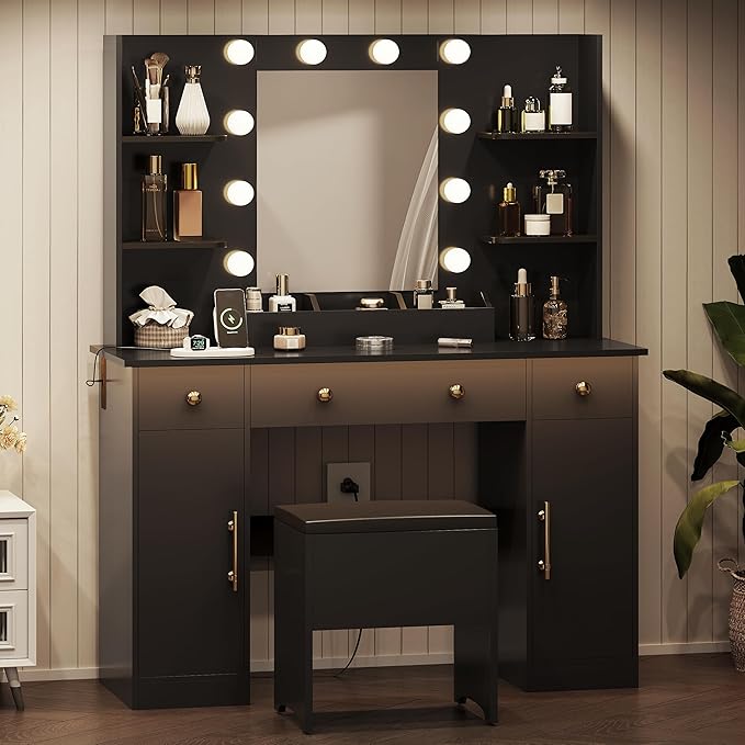 Vanity Desk with Mirror and Lights,Black Makeup Vanity with Charging Station & Stool, 3 Drawers and Cabinets, White Vanity Mirror with RGB LED Lights Makeup Desk and Chair for Women