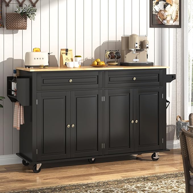 63" Movable Kitchen Island with Drop Leaf and Power Outlet, Rolling Island Cart w/Storage Cabinet, Island Table on Wheels for Kitchen w/2 Drawers, Spice Rack, Towel Bar, Garage Hook, Black