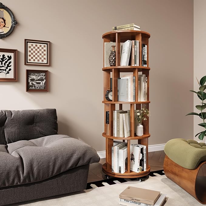 4-Tier Rotating Bookshelf, 360° Spinning Stackable Bookcase, Freestanding Bookshelf for Home Office Study Room Bedroom Living Room