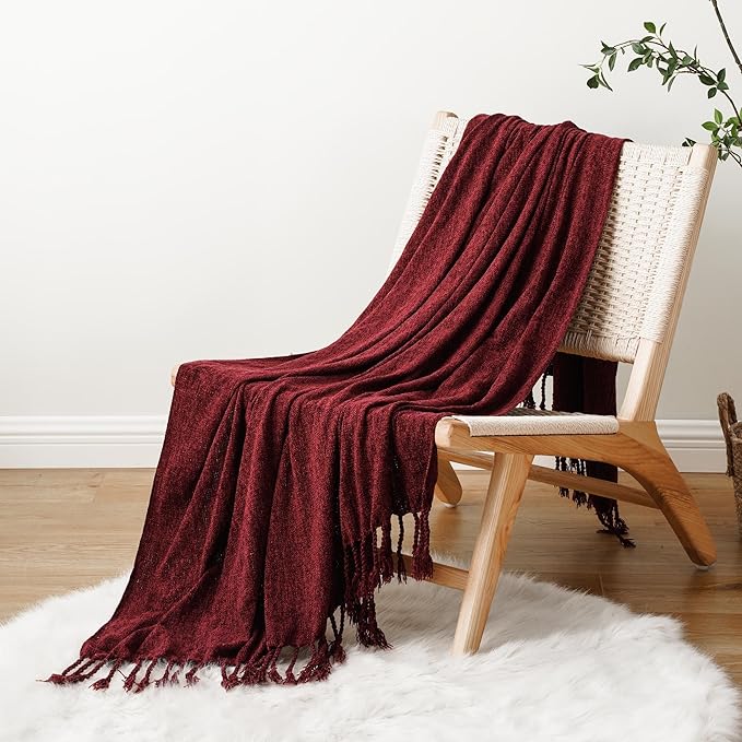 BATTILO HOME Burgundy Chenille Throw Blanket, Decorative Red Knit Throw with Fringe, Lightweight for Christmas Decor, 50"x60"
