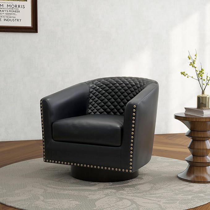 Swivel Barrel Accent Chair, Comfy Modern Upholstered Round Faux Leather Arm Chair for Living Room, Bedroom(Black, Set of 2