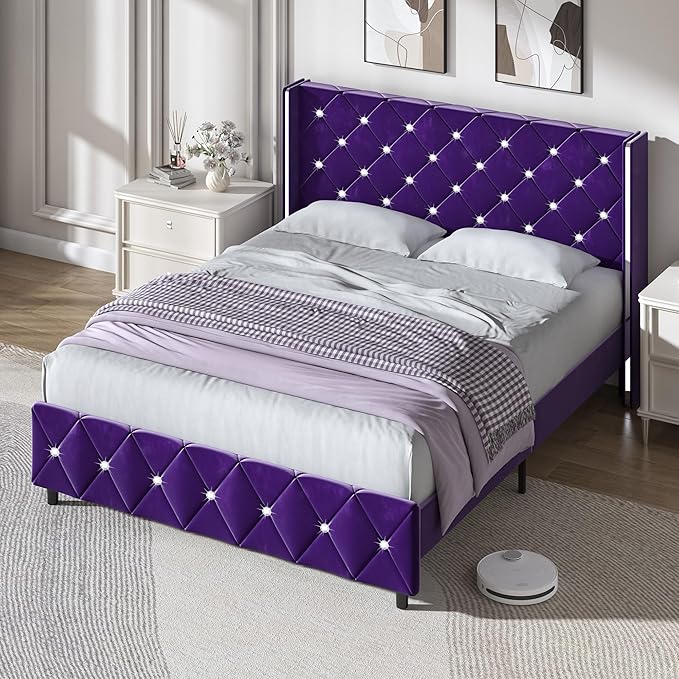HOMBCK Queen Size Bed Frames with Headboard, Black Velvet Queen Bed Frame with Wingback, Upholstered Bed Frame with Diamond Headboard, Wood Slat Support, No Box Spring Needed, Easy Assembly,Purple