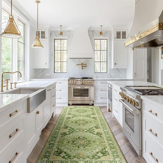 Area Rugs 2'x8' Washable Non-Slip, Floral Vintage Distress Print Pattern Medallion Carpet for Living Room Bedroom Dining Room, Sage Green Yellow