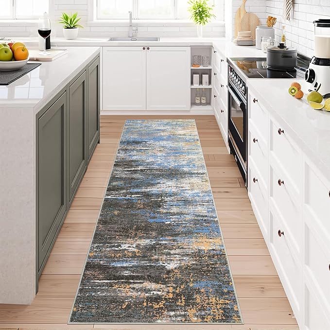 Washable Runner Rug 2x6 Modern Abstract Kitchen Rugs, Non Slip Bathroom Rug, Low Pile Laundry Room Soft Long Carpet for Hallway Bedroom Entryway, Blue/Brown