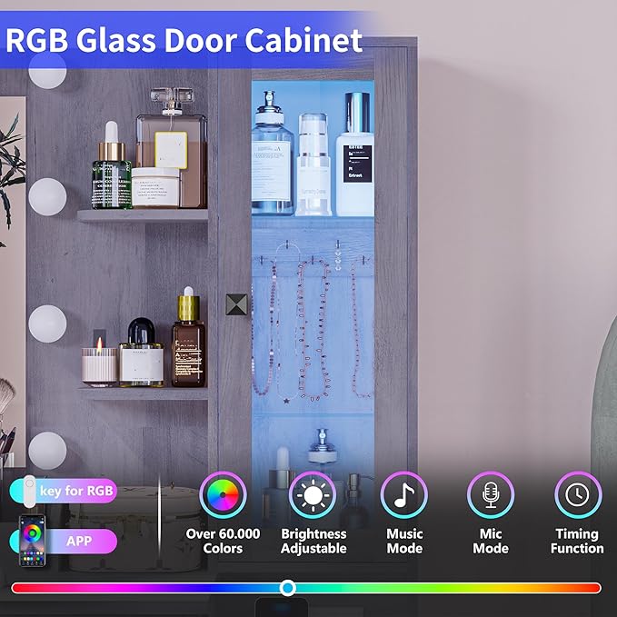 Vanity Desk with Mirror and Lights, Grey Makeup Vanity with 5 Drawers Hidden Jewelry Organizer& LED Glass Cabinet,3 Light Mode and Brightness Adjusted,Vanities Mirror with Lights Desk and Chair